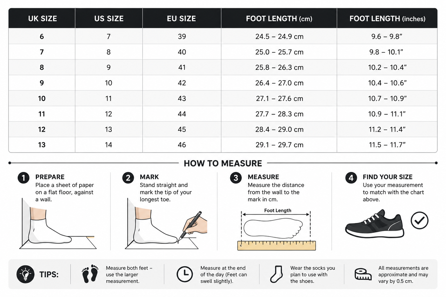 Men's shoes size chart 